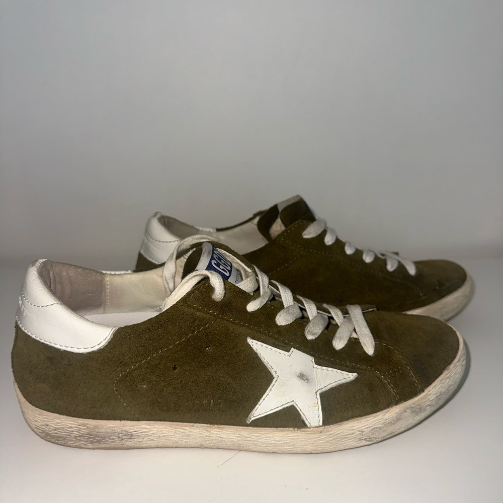Golden Goose Khaki and White Star Sneakers